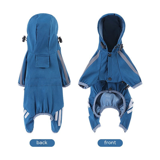 Cape-style dog raincoat in blue - front and back view