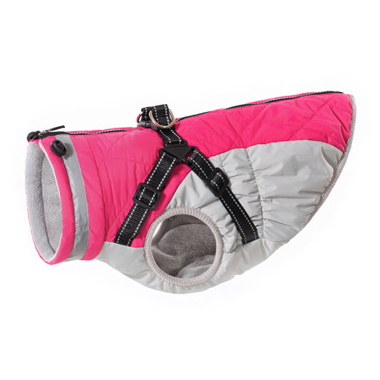 Fleece-lined waterproof dog zip-up jacket in pink - side view