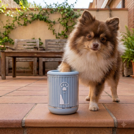 Fluffy Pomeranian dog with paw inside blue dog paw cleaning cup on outdoor tiled patio, garden background