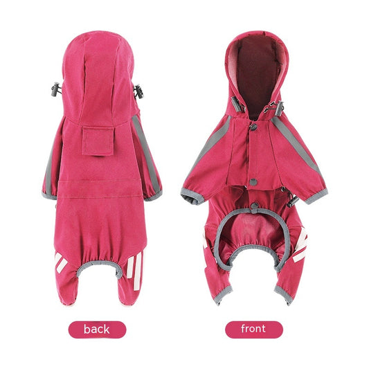 Cape-style dog raincoat in pink - front and back view