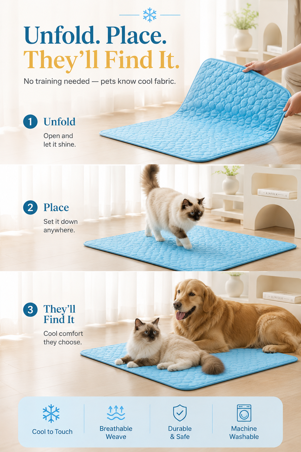 Dog and cat relaxing on round cooling mat 