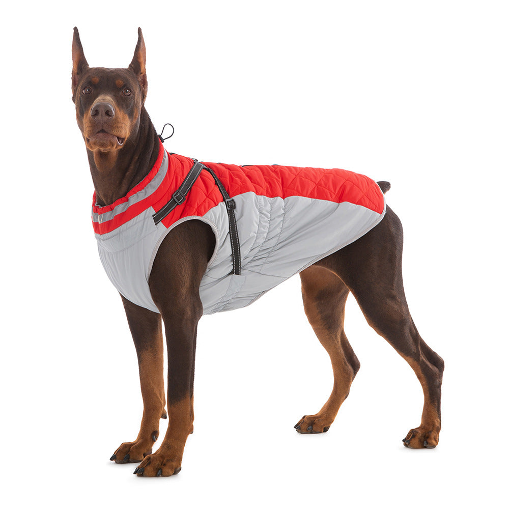 Dog wearing red fleece-lined waterproof jacket - front view