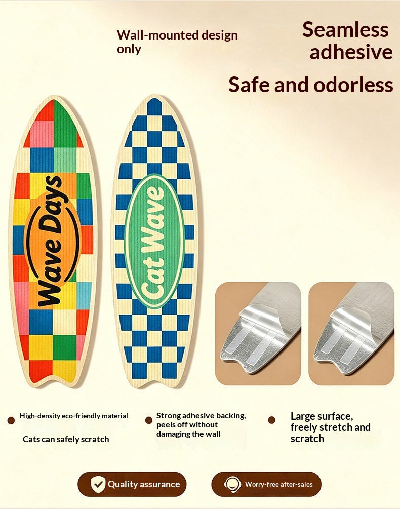 Surfboard Cat Scratching Board – wall-mounted design features seamless adhesive, safe and odorless, high-density eco-friendly material, strong adhesive backing peels off without damaging wall, large surface for cats to freely stretch and scratch