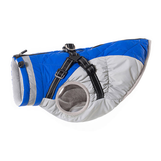 Fleece-lined waterproof dog zip-up jacket in blue - side view