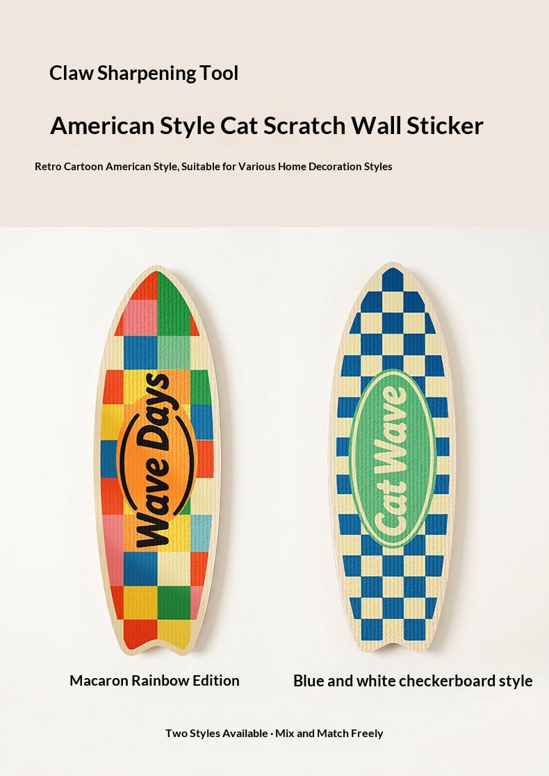 Surfboard Cat Scratching Board – claw sharpening tool, American style cat scratch wall sticker, two styles available: Macaron Rainbow Edition and Blue and White Checkerboard style, mix and match freely