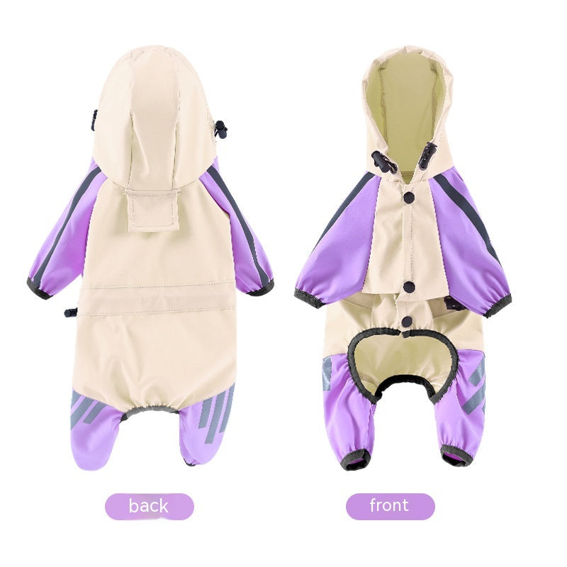 Cape-style dog raincoat in color matching purple - front and back view