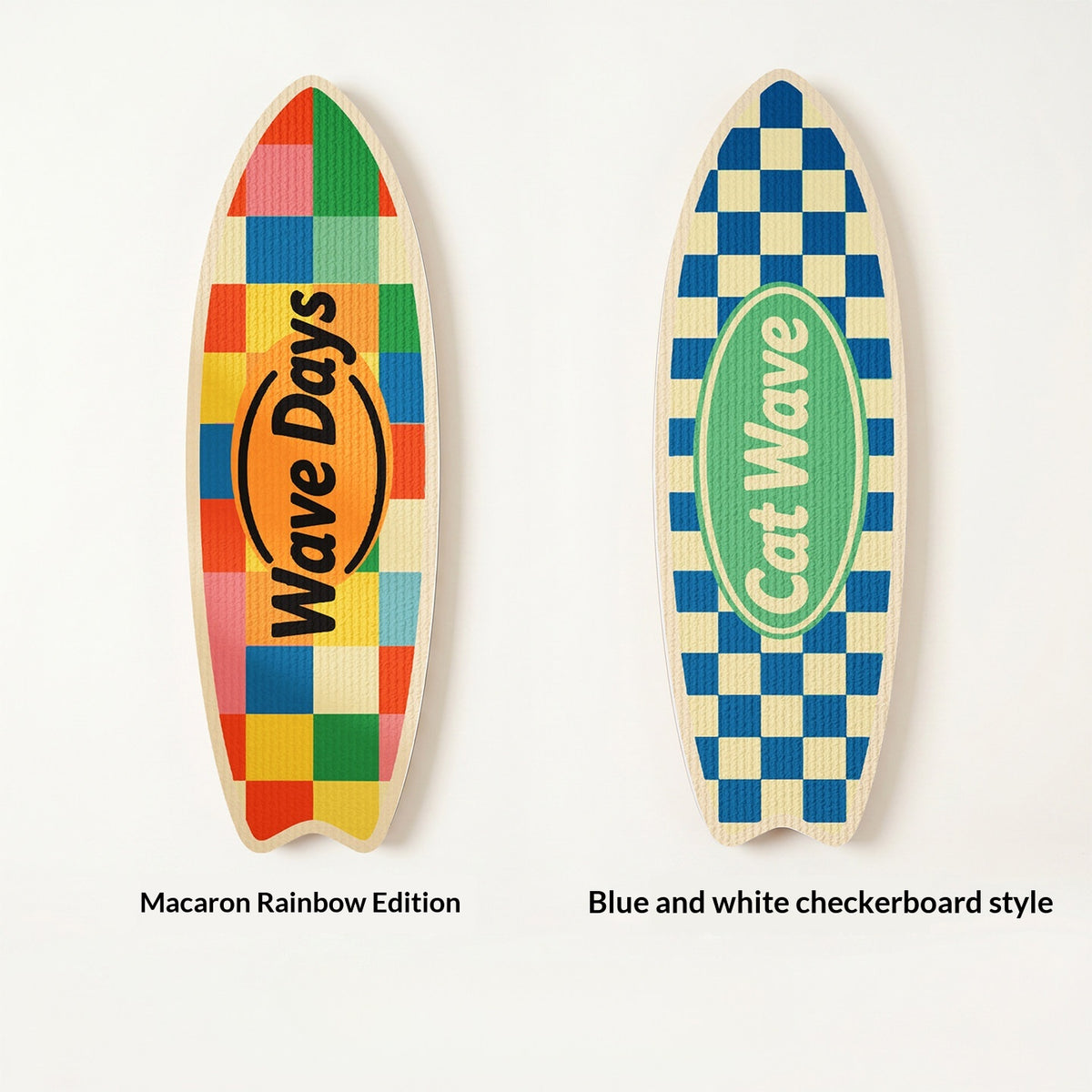 Surfboard Cat Scratching Board – two styles side by side: Macaron Rainbow Edition with colorful patchwork pattern and Blue and White Checkerboard style with CatWave logo
