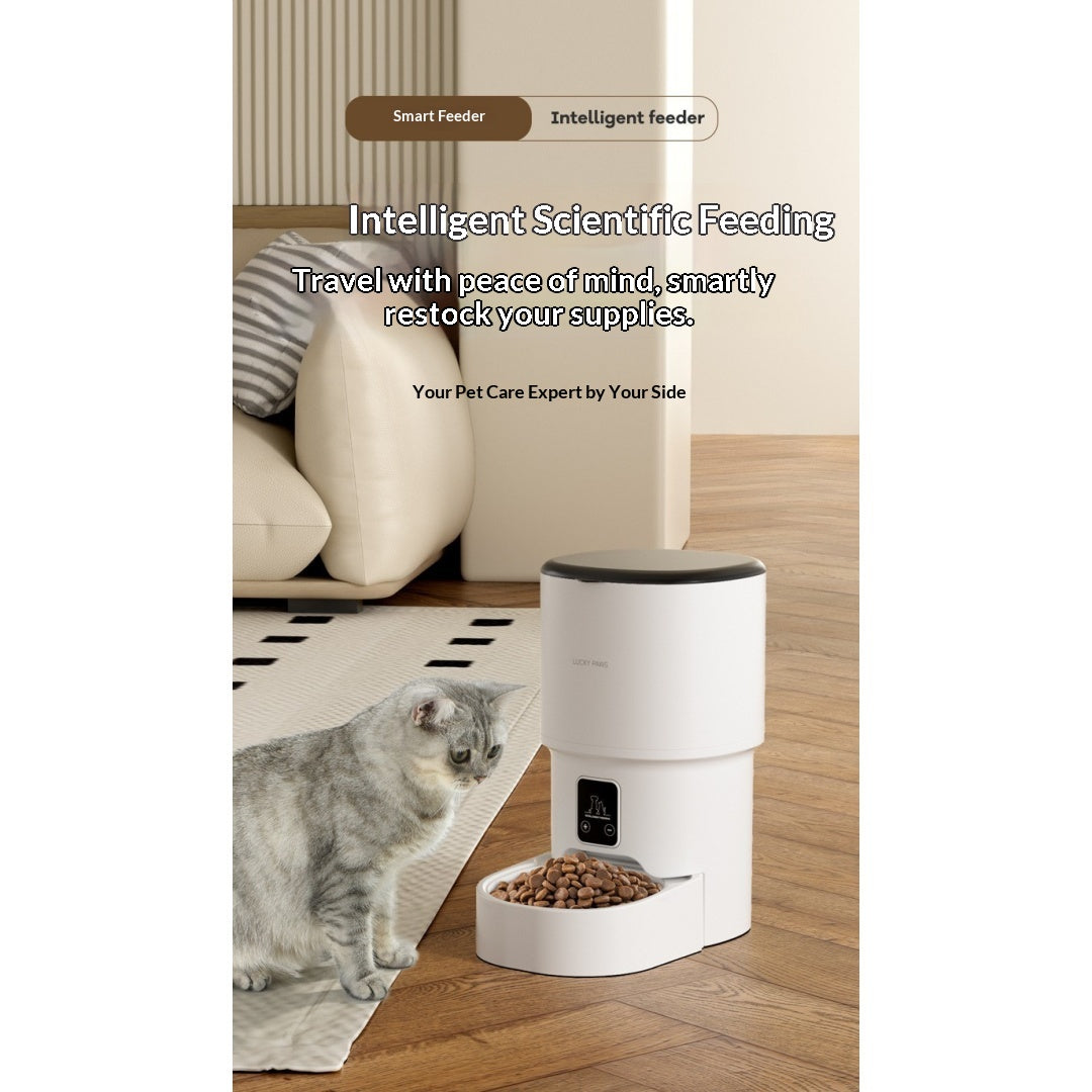 WiFi Smart Pet Feeder with gray cat in modern living room – intelligent scientific feeding, your pet care expert at home