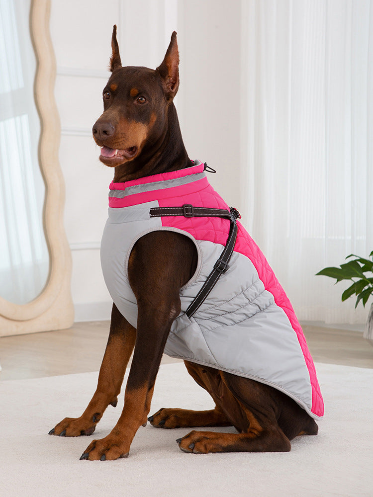 Dog sitting wearing pink fleece-lined zip-up dog jacket