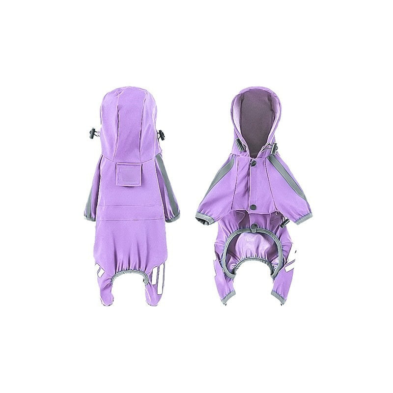 Cape-style dog raincoat in purple - front and back view