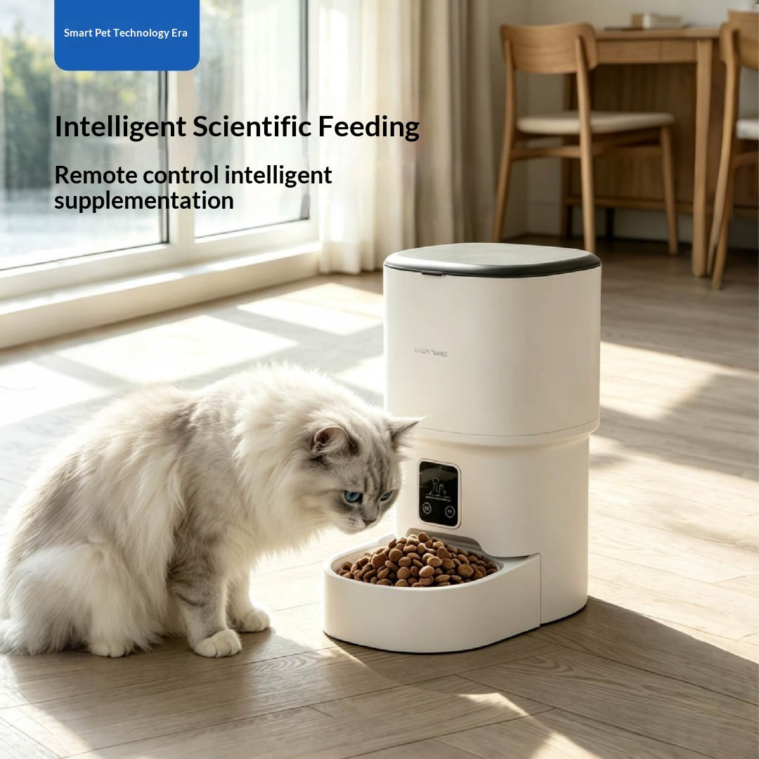 WiFi Smart Pet Feeder with white fluffy cat eating in bright room – remote control intelligent supplementation