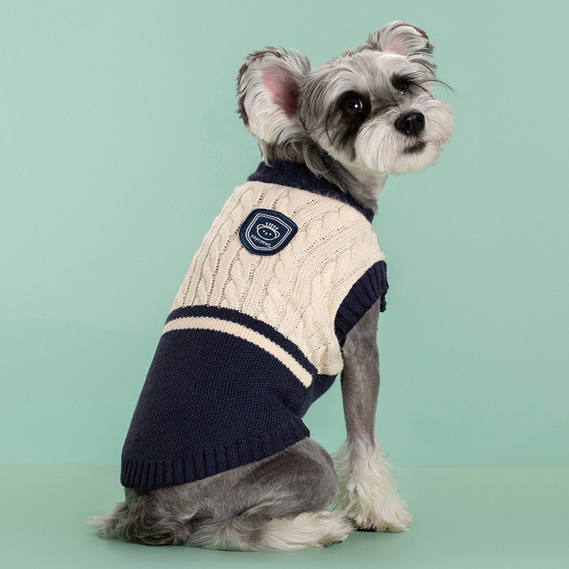 Warm knit dog sweater in sapphire blue - product view