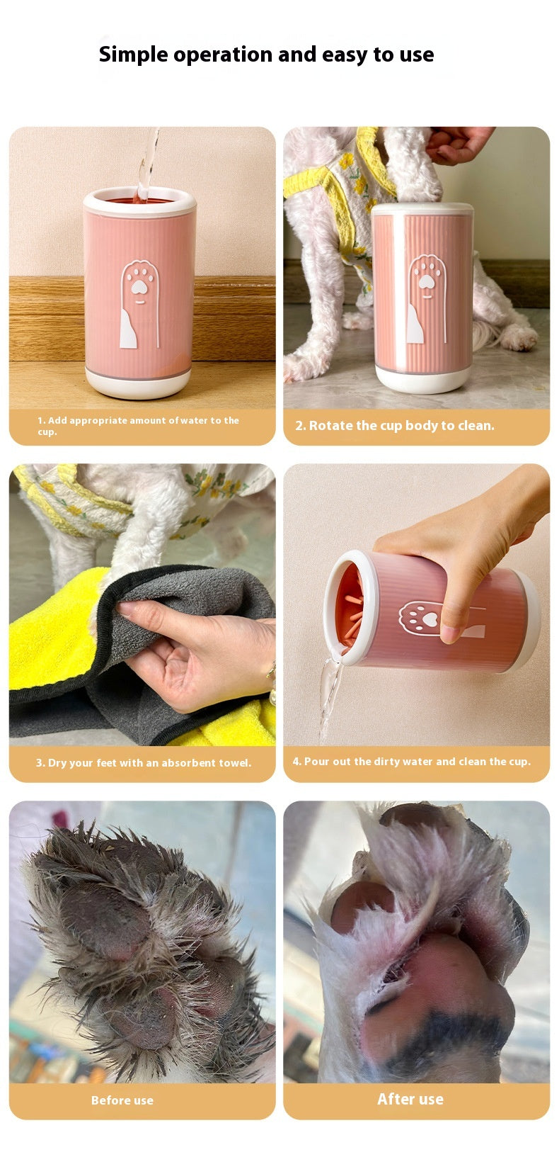 Dog paw cleaning cup steps