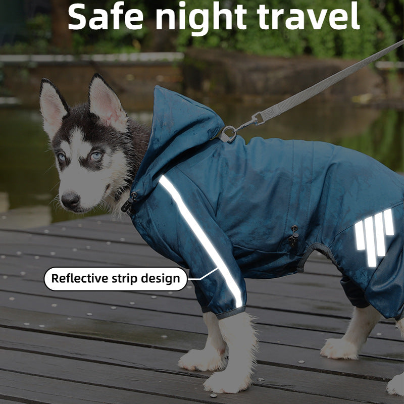Blue cape-style dog raincoat detail - reflective stripe