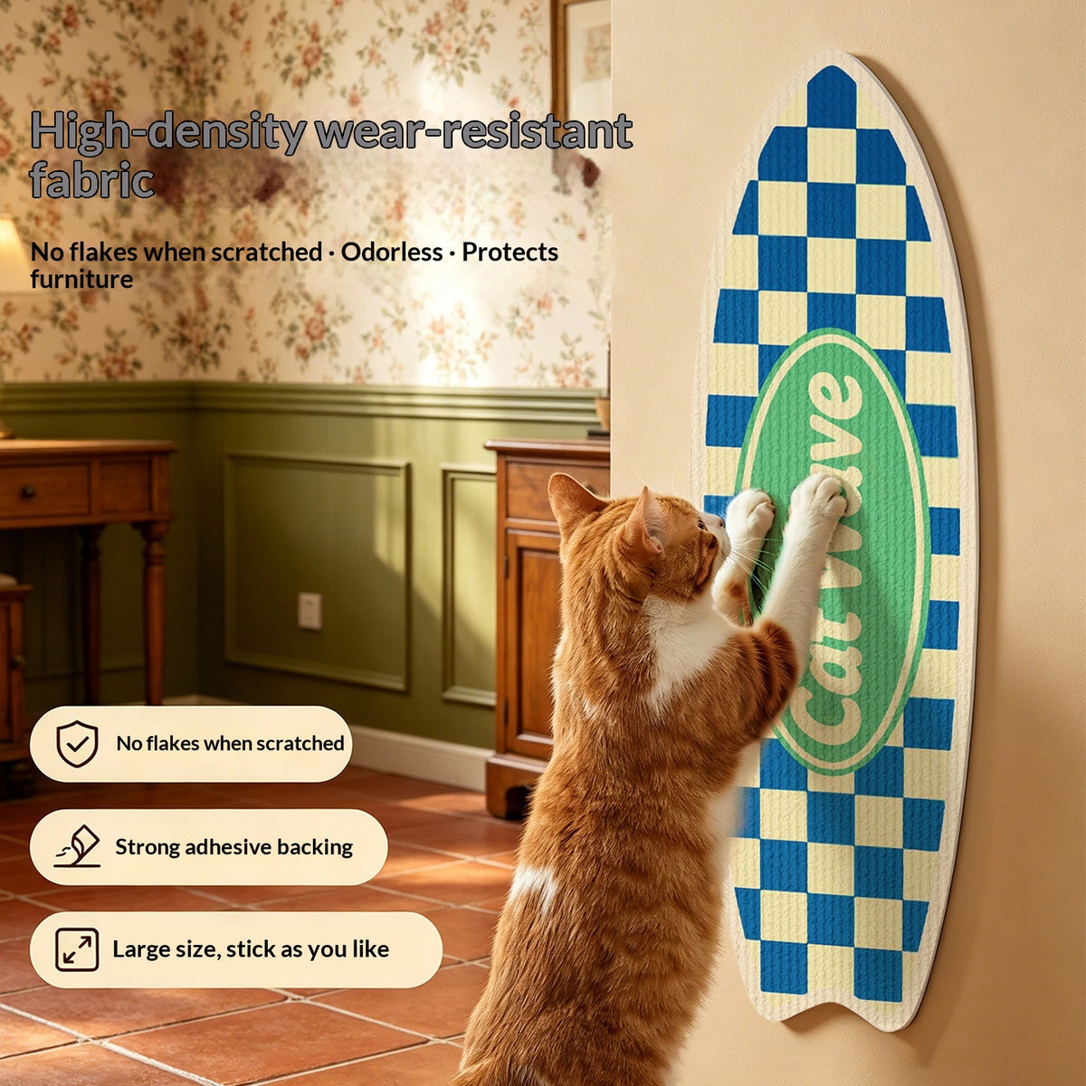 Surfboard Cat Scratching Board – orange cat scratching blue and cream checkered sisal surfboard wall scratcher, no flakes when scratched, odorless, strong adhesive backing, large size
