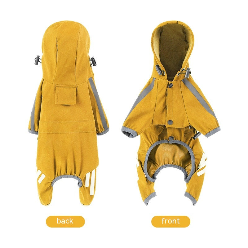Cape-style dog raincoat in yellow - front and back view