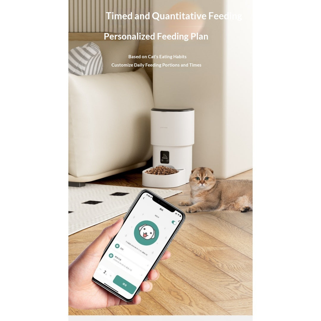 WiFi Smart Pet Feeder – timed and quantitative feeding with personalized feeding plan via smartphone app, cat resting nearby