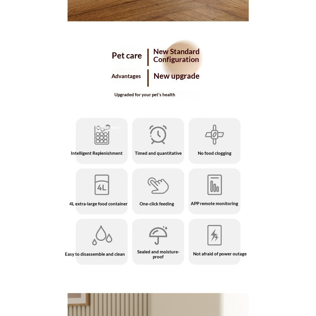 WiFi Smart Pet Feeder – new standard configuration with 9 key advantages: intelligent replenishment, timed feeding, no food clogging, 4L container, one-click feeding, app remote monitoring, easy cleaning, sealed and moisture-proof, not afraid of power outage