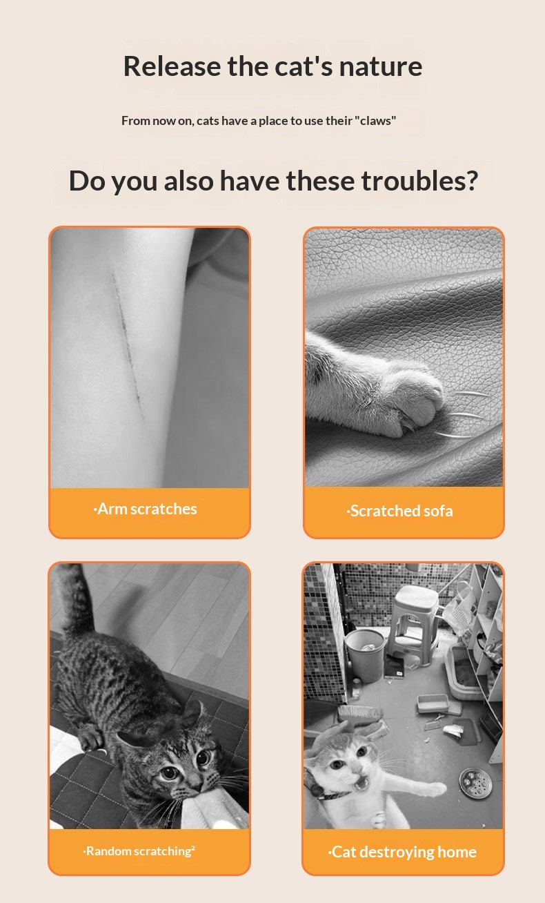 Surfboard Cat Scratching Board – release the cat's nature, problem-solving graphic showing cats scratching arms, sofas, furniture and destroying rooms – the surfboard scratcher redirects this natural behavior