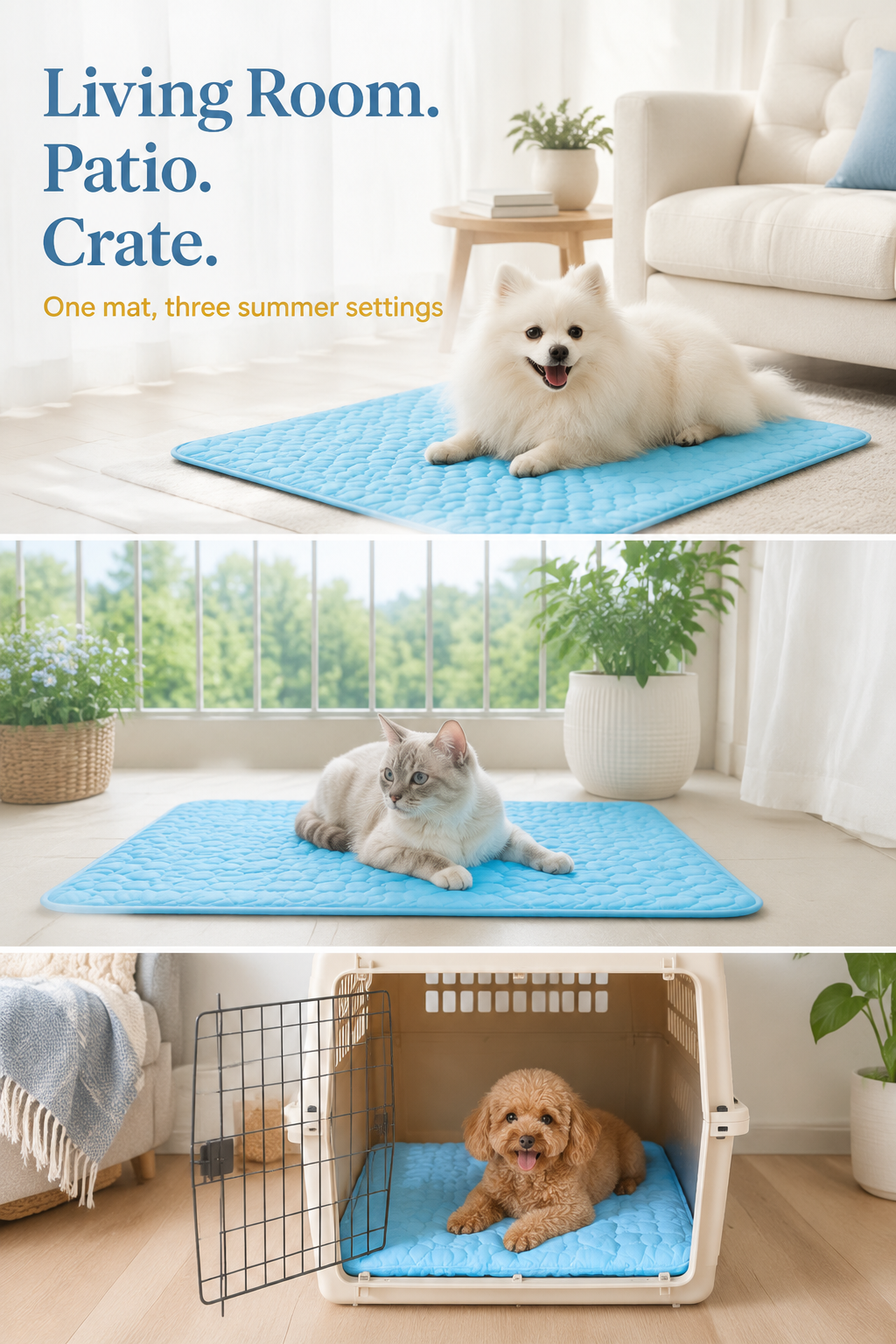 Dogs and cats relaxing on round cooling mat. Three summer settings 