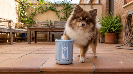 Small Dog with blue dog paw cleaning cup outdoors
