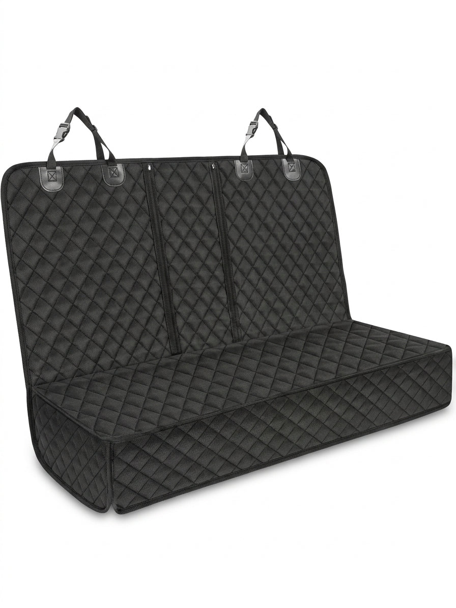 Dog Car Seat Cover with Middle Armrest – black quilted back seat cover with headrest hooks, product view on white background