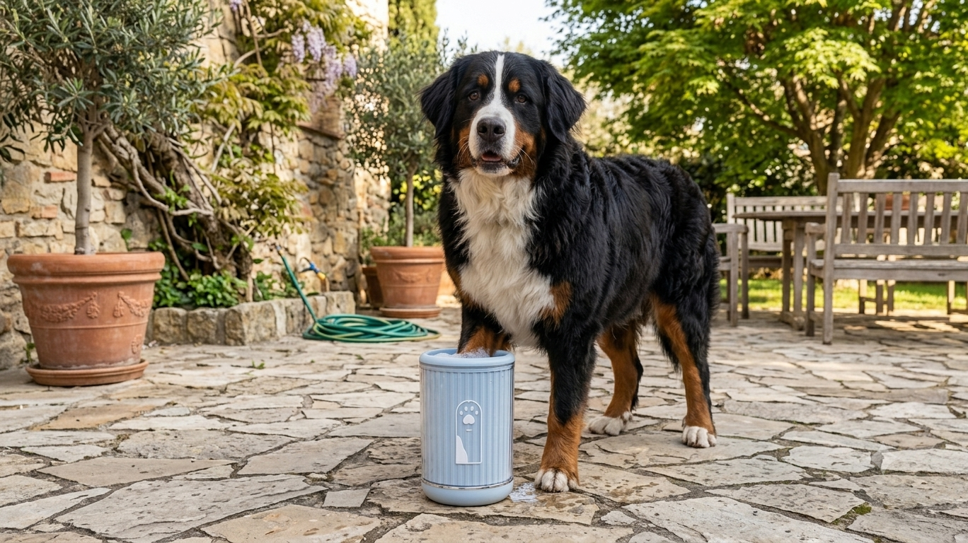 Bernese Mountain Dog with blue dog paw cleaning cup outdoors