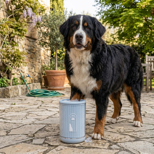 Bernese Mountain Dog standing next to a blue dog paw cleaning cup on outdoor stone patio, garden background