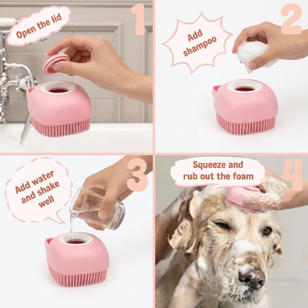 Four-panel instructional collage showing how to use a pink silicone pet shampoo brush: open the lid, add shampoo and water, shake, then massage a dog's coat