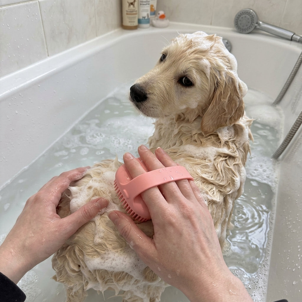 Golden retriever puppy being gently brushed with a pink silicone bath brush in a bathtub