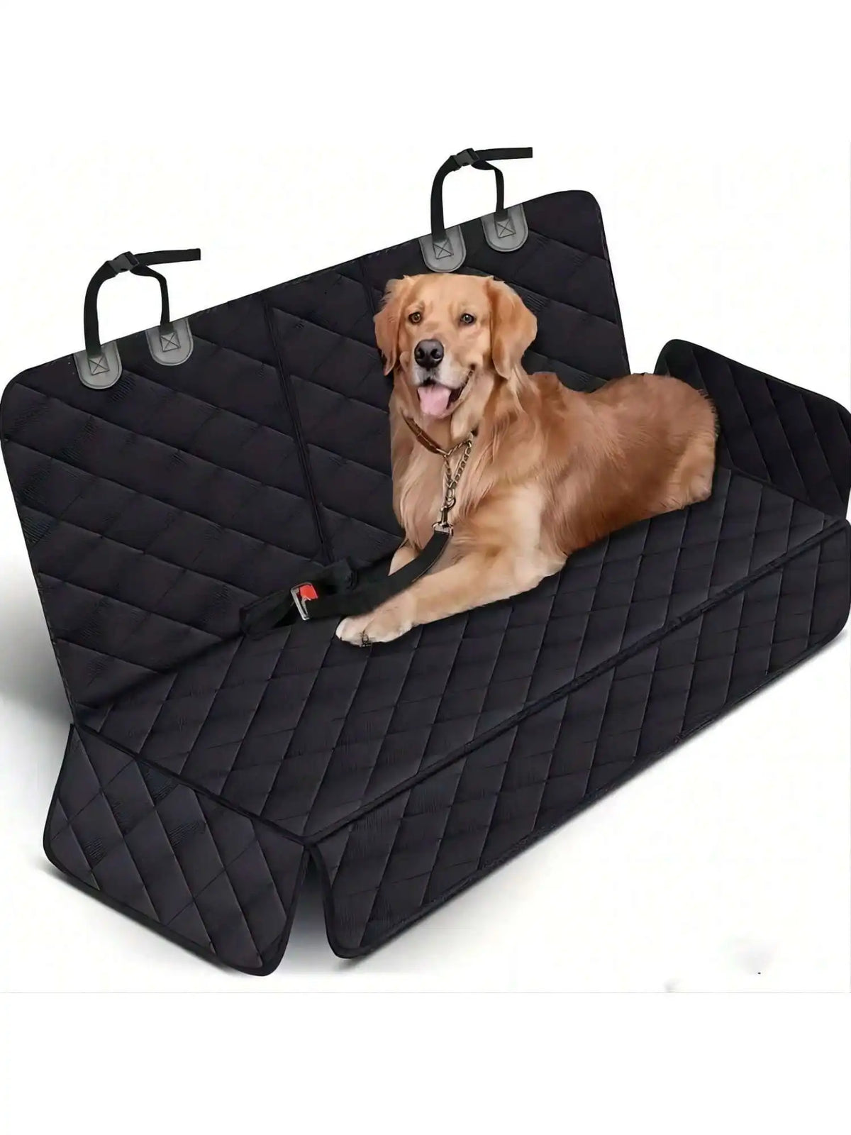Dog Car Seat Cover with Middle Armrest – golden retriever lying comfortably on black quilted back seat cover with headrest hooks
