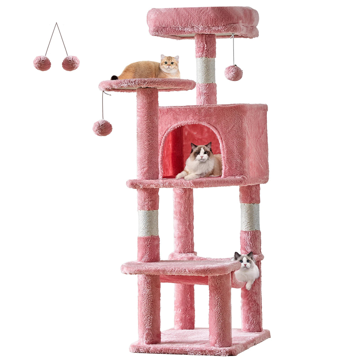 44" Tall Cat Tree – pink multi-level cat tower with two cats lounging on platforms and inside condo, sisal scratching posts and hanging pompom toys, product view on white background