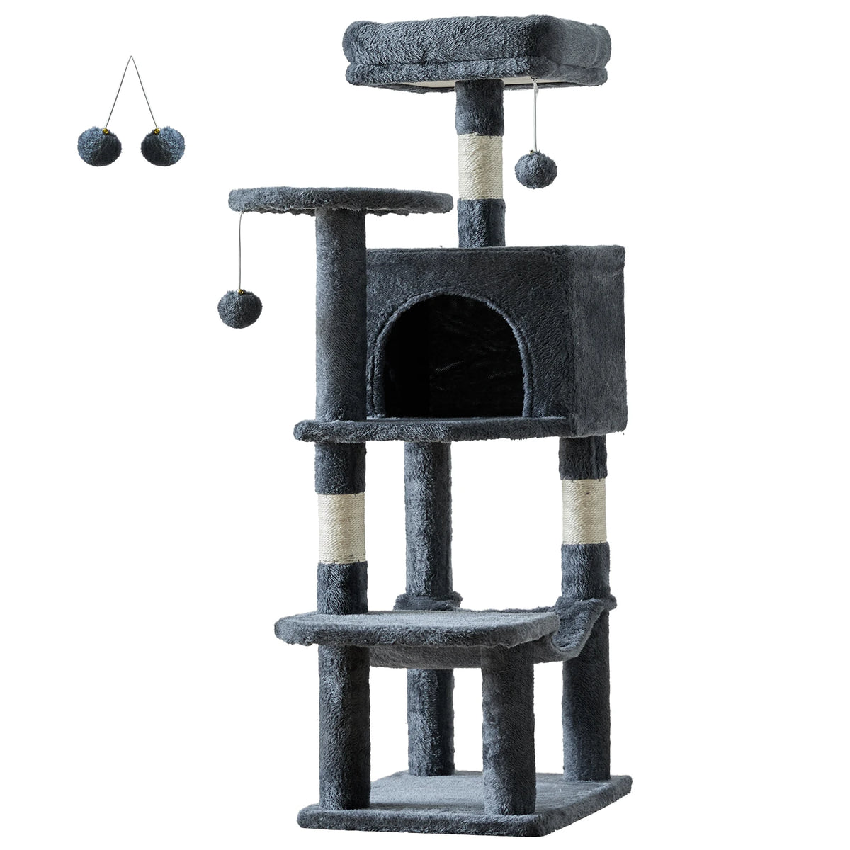 44" Tall Cat Tree – Dark grey multi-level cat tower with condo, 4 platforms, sisal scratching posts and hanging pompom toys, product view on white background