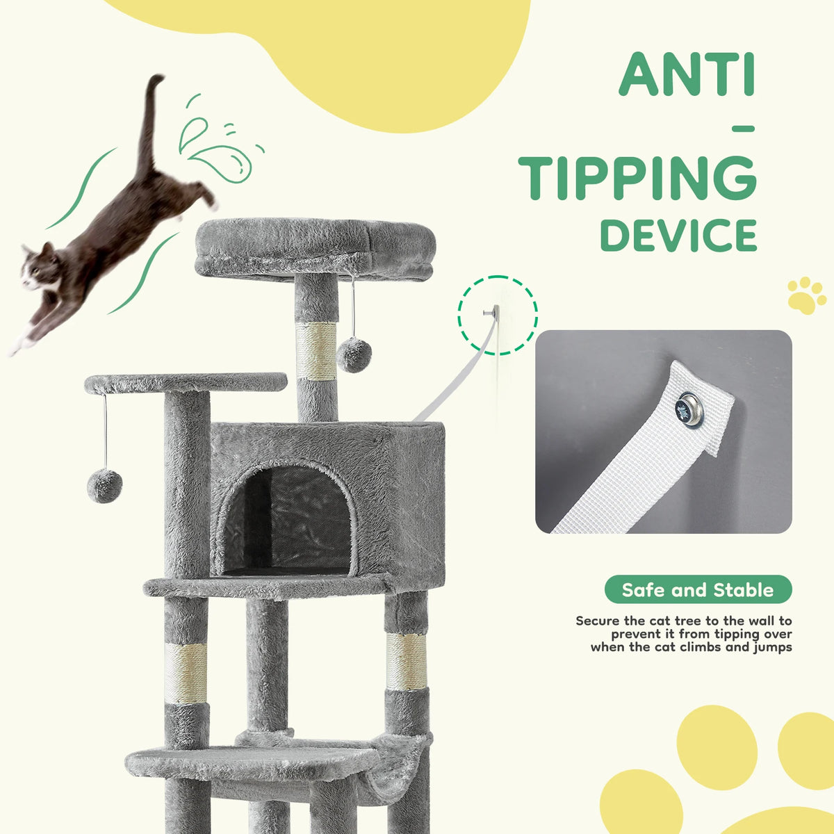44" Tall Cat Tree – anti-tipping device feature: wall anchor strap secures the tree to prevent tipping when cats climb and jump, safe and stable