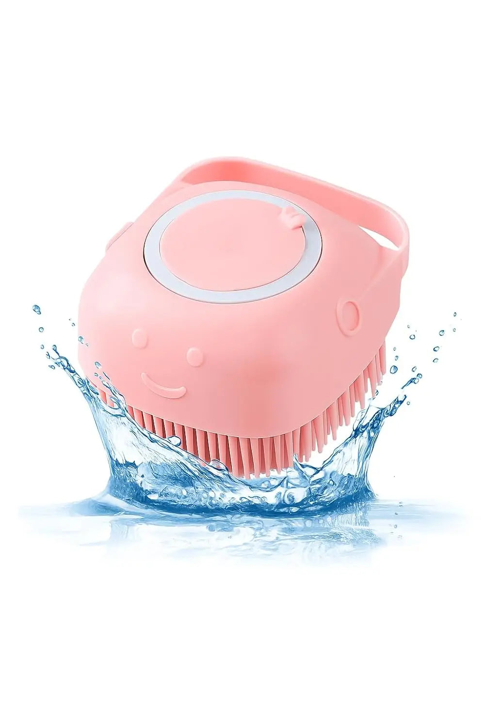 Pink silicone pet bath brush with water splashing around the bristles on a white background