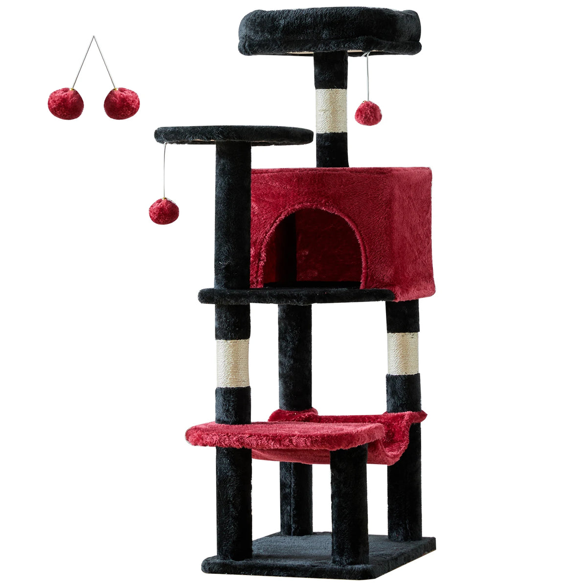 44" Tall Cat Tree – red and black multi-level cat tower with condo, 4 platforms, sisal scratching posts and hanging cherry toys, product view on white background