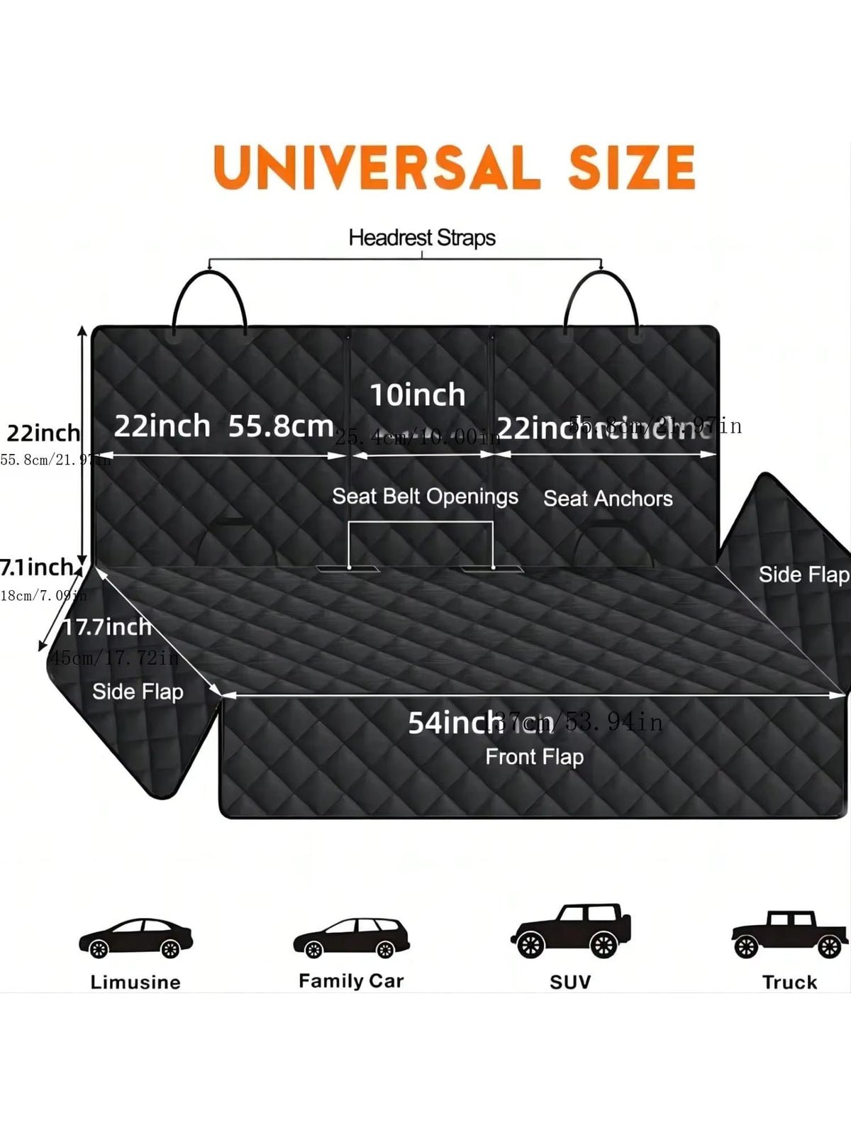 Dog Car Seat Cover with Middle Armrest – universal size diagram showing 54inch front flap, 22inch side flaps, headrest straps, seat belt openings and seat anchors, compatible with limousine, family car, SUV and truck