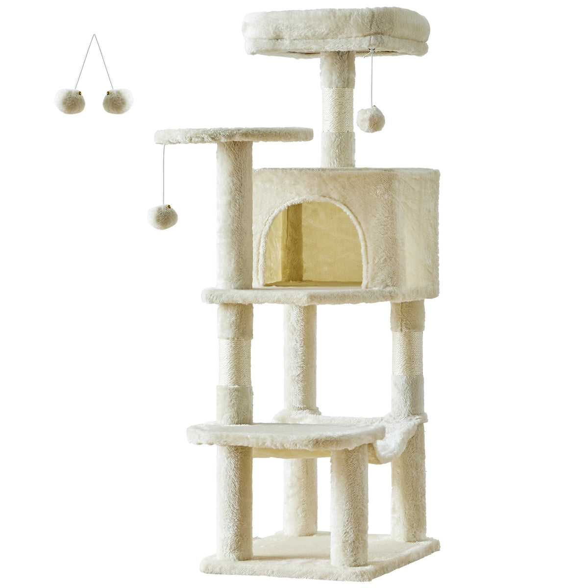 44" Tall Cat Tree – beige multi-level cat tower with condo, 4 platforms, sisal scratching posts and hanging pompom toys, product view on white background