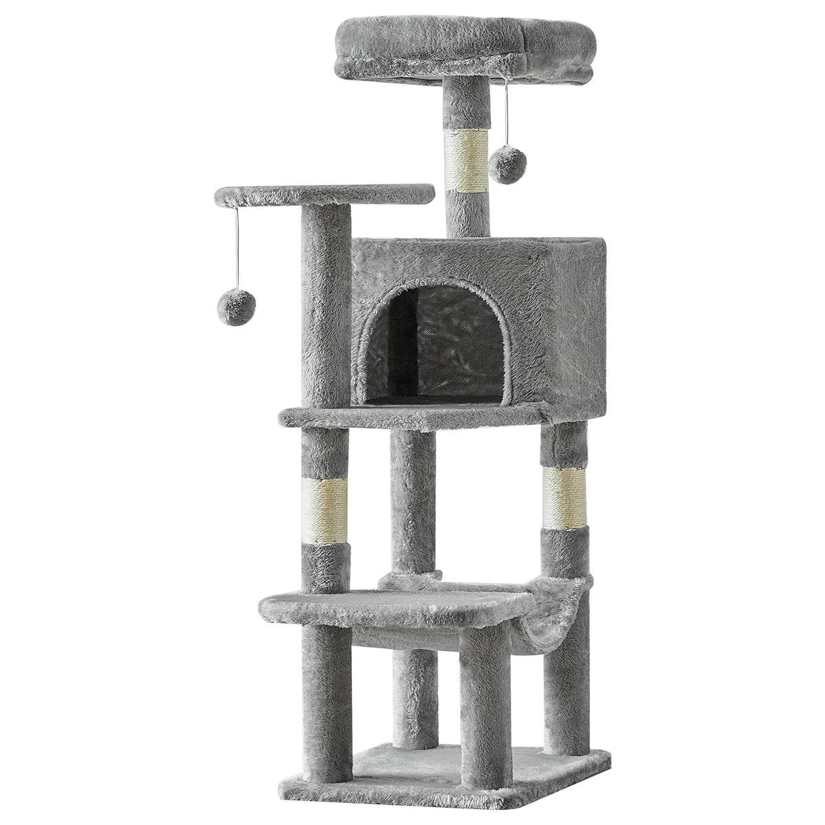 44" Tall Cat Tree – light grey multi-level cat tower with condo, 4 platforms, sisal scratching posts and hanging ball toys, product view on white background