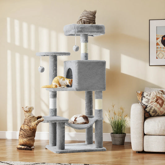 44" Tall Cat Tree – three cats using gray multi-level cat tree with condo, hammock, sisal scratching posts and hanging toys in bright living room