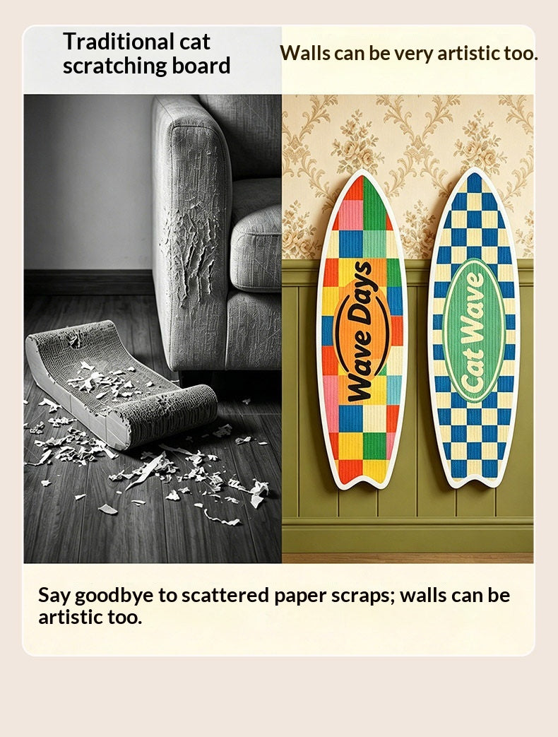 Surfboard Cat Scratching Board – comparison vs traditional scratching board: no more scattered paper scraps, walls can be artistic too with decorative WaveDays and CatWave surfboard wall scratchers