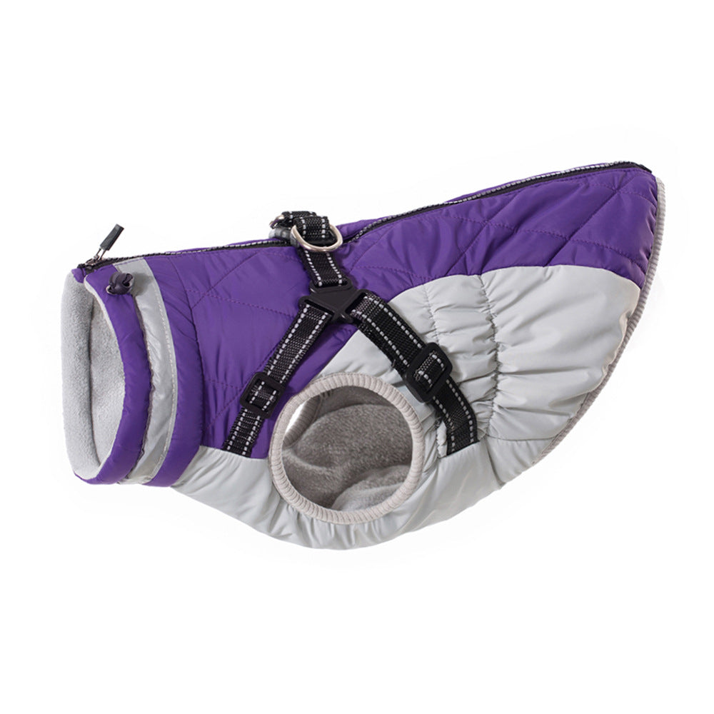 Fleece-lined waterproof dog zip-up jacket in purple - side view