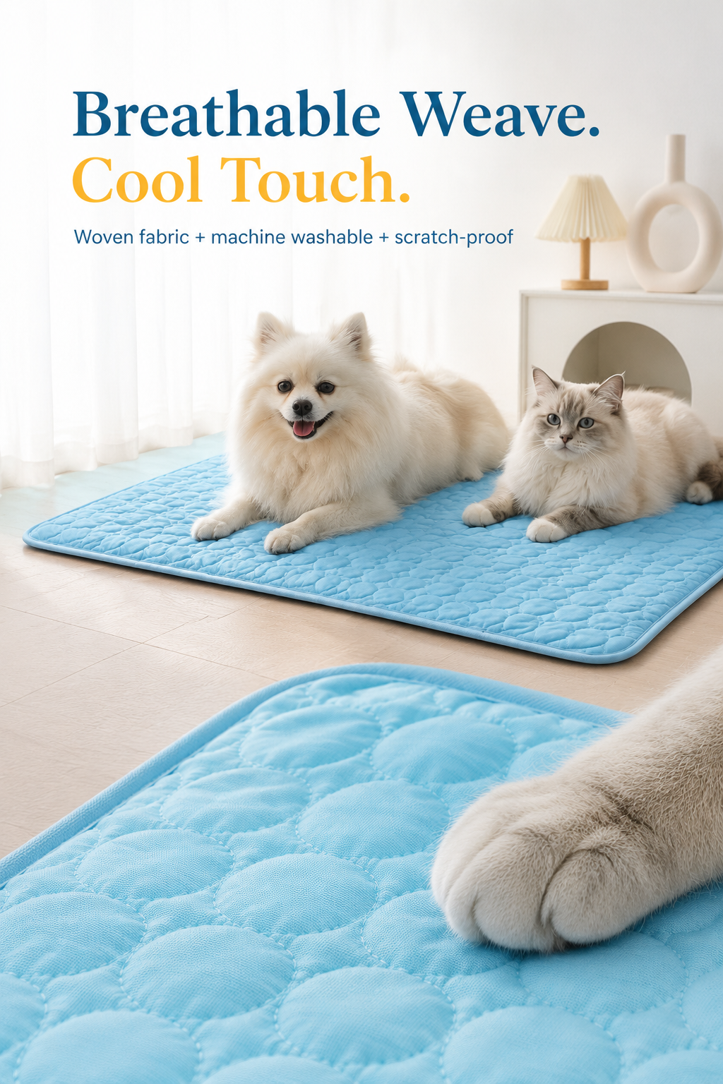 Dog and cat relaxing on round cooling mat - Washable and scratch proof