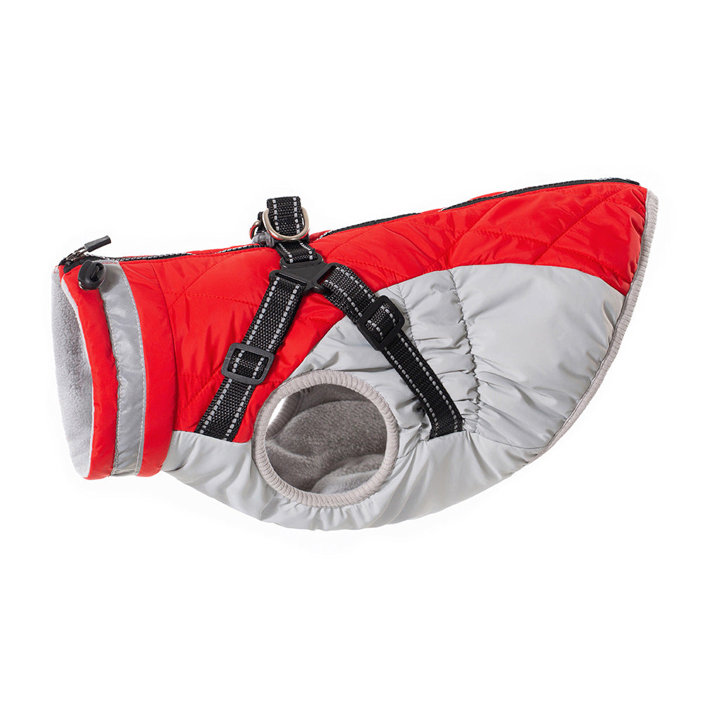Fleece-lined waterproof dog zip-up jacket in red - side view