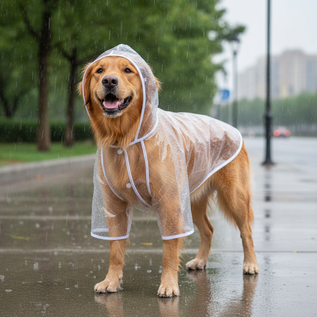 Golden retriever wearing transparent waterproof dog raincoat outdoors