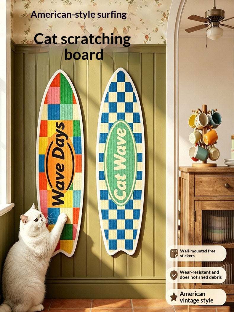 Surfboard Cat Scratching Board – white cat scratching WaveDays surfboard wall scratcher in styled room, American-style surfing cat scratching board, wall mounted, does not shed debris, American vintage style