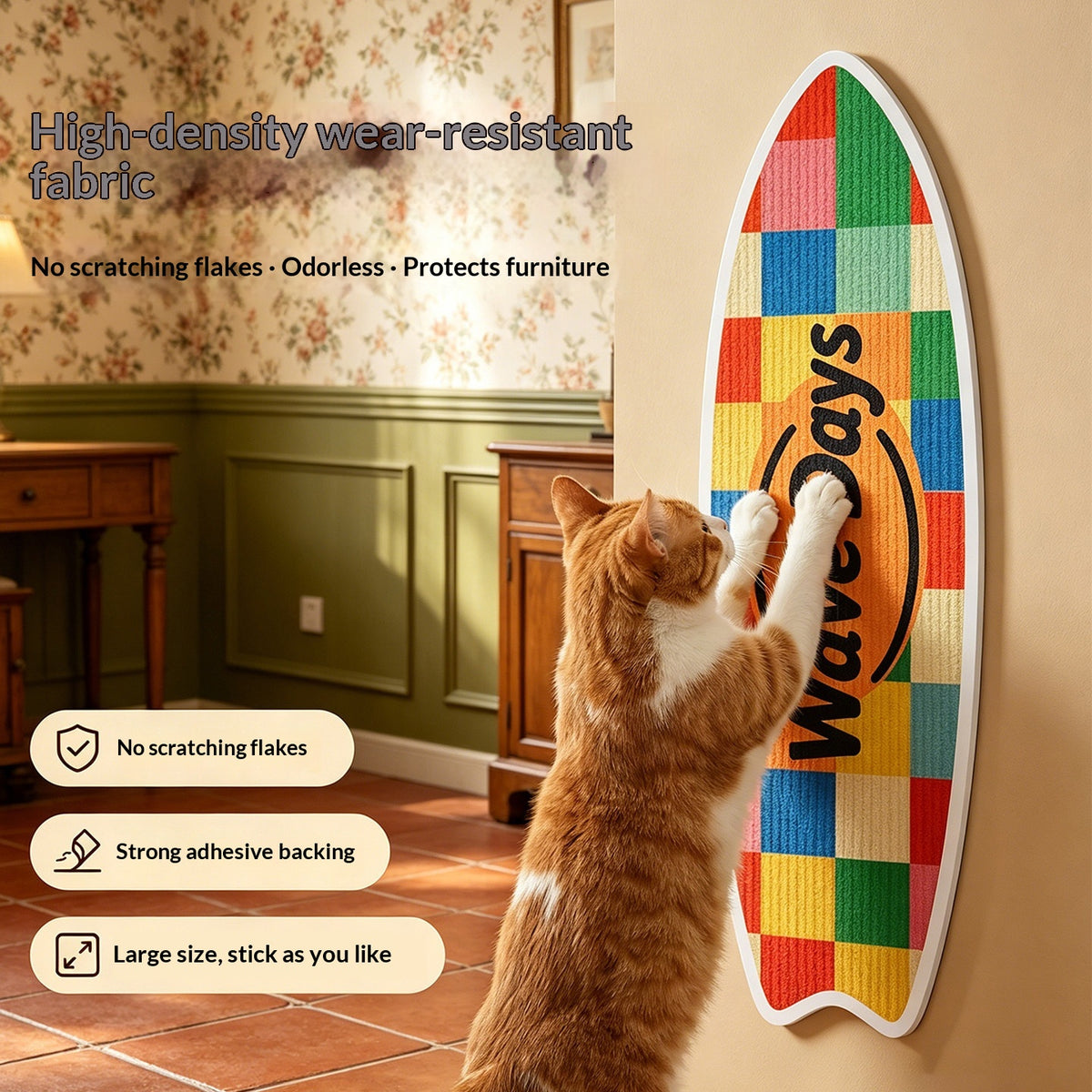 Surfboard Cat Scratching Board – orange cat scratching colorful surfboard-shaped sisal pad mounted on wall, no scratching flakes, strong adhesive backing, large size