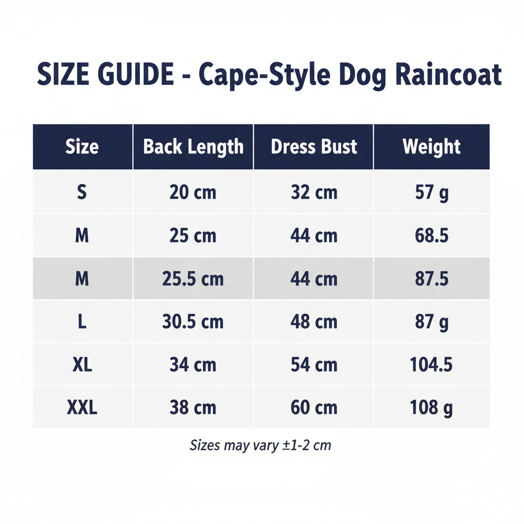 Size chart cape-style dog raincoat - S M L XL XXL measurements