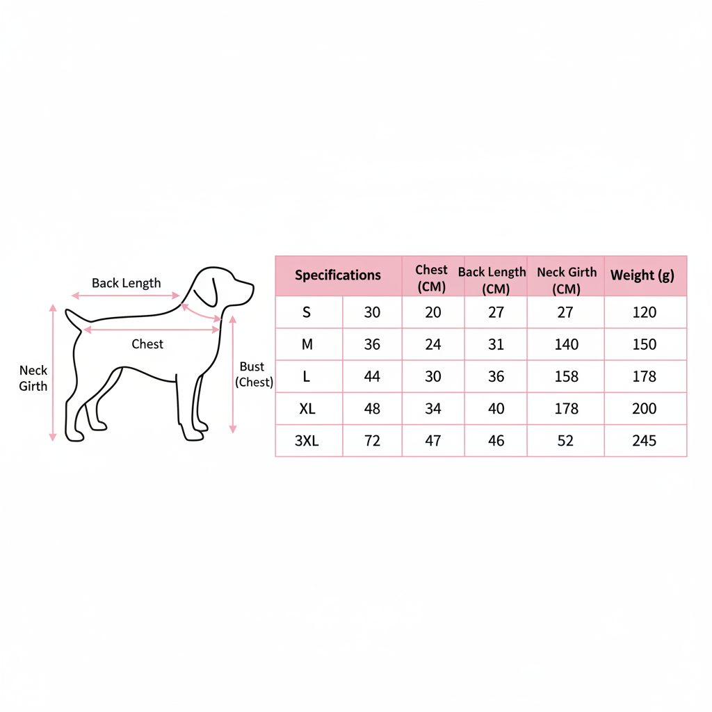 Size chart fleece-lined dog jacket - S to 3XL measurements