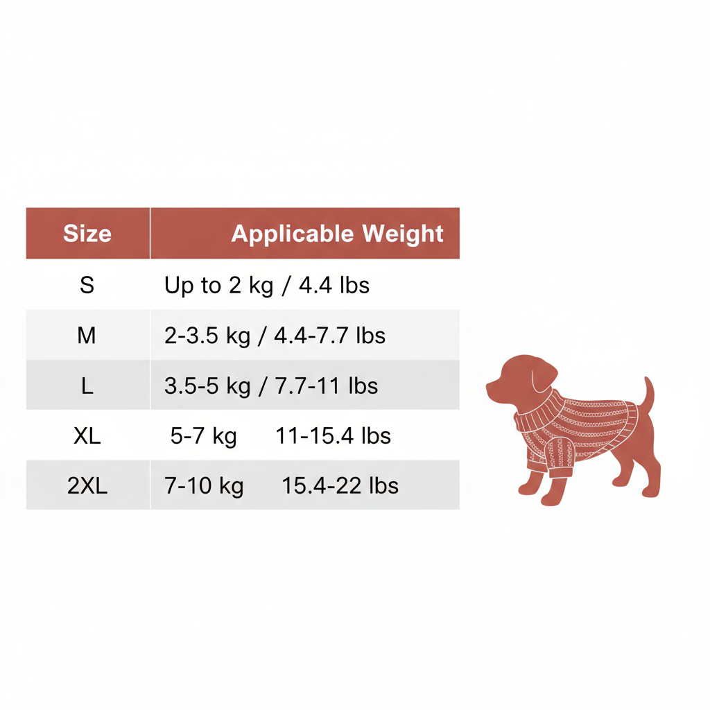 Size chart warm knit dog sweater - S to 2XL weight guide